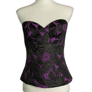 Trina Turk purple and black floral strapless corset top, size 6, Sweetheart Neck